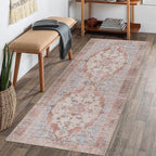 GLN Rugs Traditional Collection - Machine Washable Area Rug, Traditional Washable, Non Slip, Low Pile Chenille Rug, Living Room, Bedroom, Kitchen Rug (2'6" x 7' Brown/Blue)