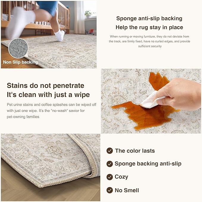 HUGEAR 2x8 Machine Washable Hallway Runner Rugs Vintage Grey - Neutral Non Slip Stain Resistant Low Pile Aesthetic Throw Carpet Kids & Pet Friendly for Bedroom Kitchen Entryway
