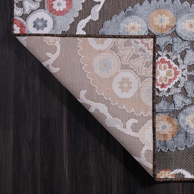 CAMILSON Indoor Outdoor Rug 8x10 Bohemian Medallion Floral Area Rugs for Indoor and Outdoor Patios Easy-Cleaning Non-Shedding Living Room Garden and Kitchen Washable Outside Carpet (8 x 10 / Brown)