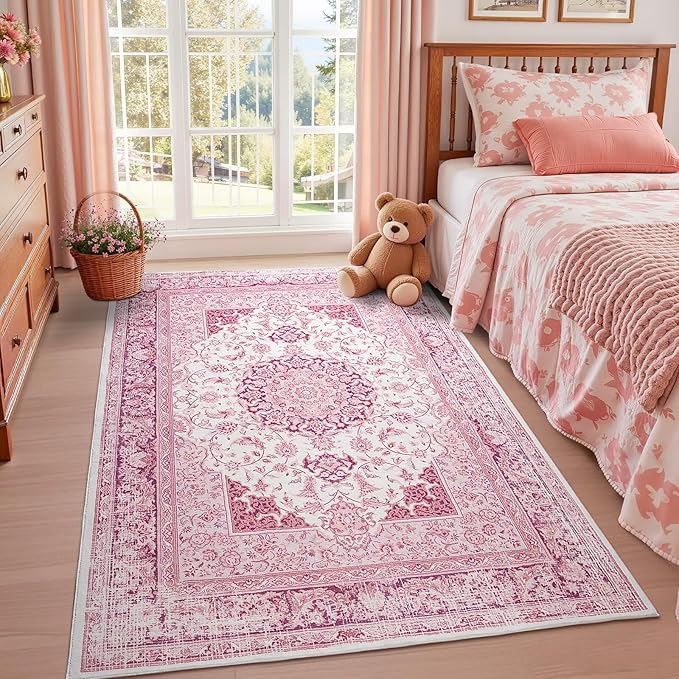 Bright Pink Area Rug for Girls Bedroom, 3x5 Soft Washable Rugs with Non-Slip Backing for Living Room, Cute Vintage Carpet for Kitchen Laundry Kids Room Decor