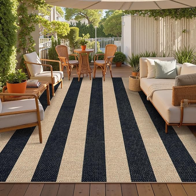 Lahome Striped Easy Jute Outdoor Rug, Washable Rugs 8x10 for Living Room Patio Indoor Outdoor Black Carpet, Farmhouse Neutral Non Slip Non Shedding Floor Carpet for Office Sunroom Dining Room