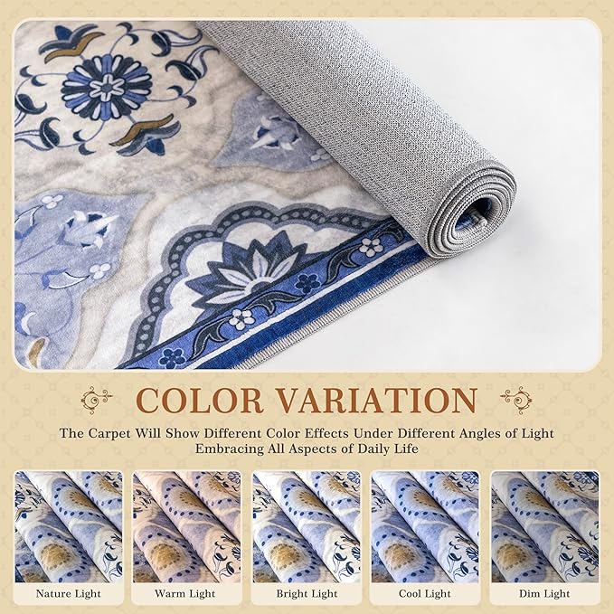 EnHomee Area Rugs 5x7, Soft Washable Rugs for Living Room Bedroom, Boho Non Slip Low Pile Stain Resistant Washable Rug Large Carpet for Dining Room,Easy to Clean Living Room Rug, Blue