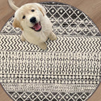 Moroccan Washable Round Area Rug, 4ft Non-Slip Distressed Black Area Rug for Bedroom, Soft Non-Shedding Circle Rug Bedside Carpet for Living Room Dining Room Bedroom