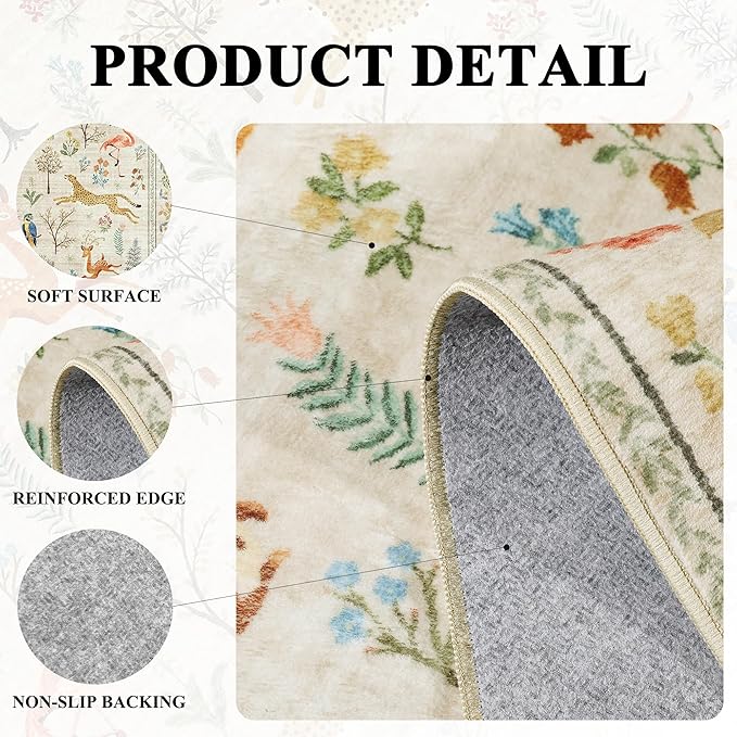 DUKINO 6ft Round Rug for Bedroom, Animal Print Washable Circle Rug with Low Pile Design, Soft Indoor Floor Non Slip Carpet for Entryway, Living Room, Office, Dining Room, Beige