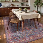 Washable Area Rug 9' x 12' Vintage Traditional Persian Mat - Foldable Distressed Non-Slip Machine Washable Carpet for Living Room Bedroom Kitchen Home Decor - Indigo and Crimson
