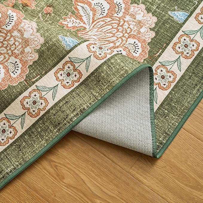 jinchan Elora 8ft Floral Round Rug for Dining Room Washable Living Room Rug Vintage Romance Design Non Slip Indoor Floor Cover Lightweight Low-Profile Throw Carpet for Bedroom Porch Patio, Green