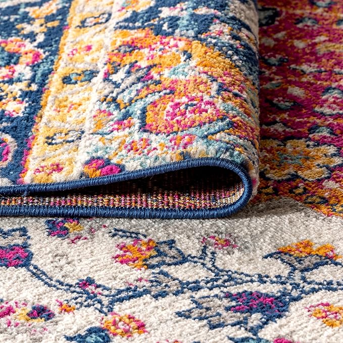 JONATHAN Y Boho Vintage Blue/Multi 3x3 Square Area Rug, Bohemian Flair Medallion, Floral Easy-Cleaning High Traffic for Living Room, Bedroom, Kitchen, Pet-Friendly, Non Shedding (BMF106A-3SQ)