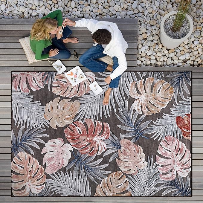 CAMILSON Indoor Outdoor Rug, Brown 4x6 Leaf Tropical Botanical Area Rugs for Indoor and Outdoor patios, Easy-Cleaning Non-Shedding Living Room, Garden and Kitchen Washable Outside Carpet (4 x 6)