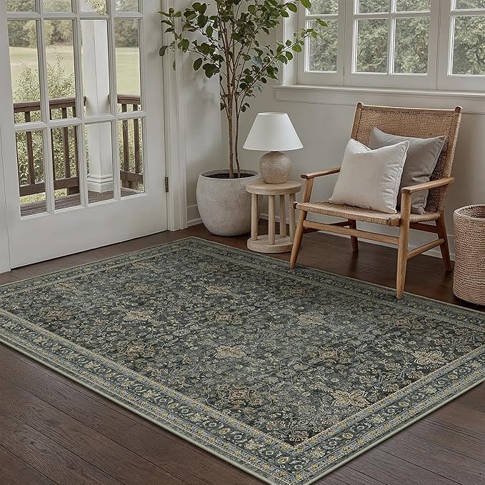 Area Rug 4x6 Black Vintage Washable Office Entryway Carpet Traditional Distressed Indoor Entry Soft Non Slip Small Door Mat Retro Low Pile Thin Rug for Kitchen Laundry Bedroom