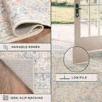 Washable Dining Room Rugs, 7x9 Area Rug for Living Room, Bedroom, Kids Playroom, Low Pile Non-Slip Lightweight & Stain Resistance - Light Beige Blue Oriental Vintage Design