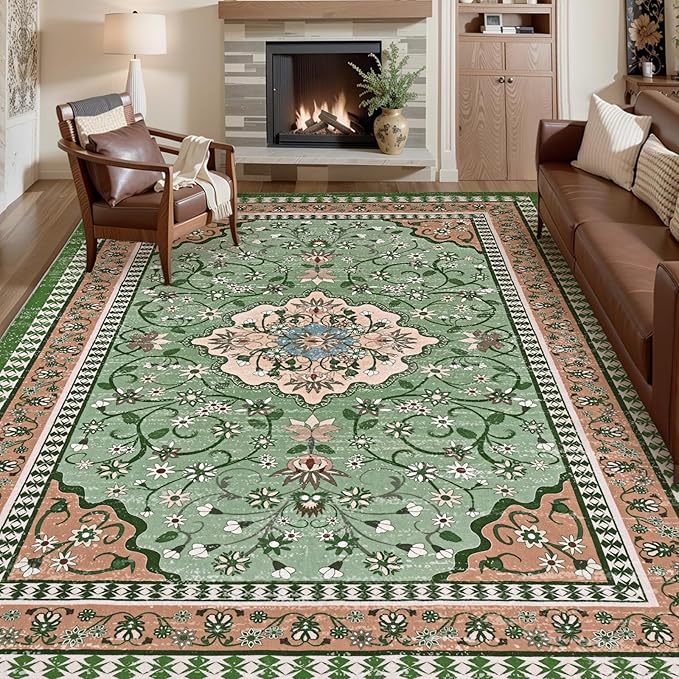 Luxury 8' x 10' Green Washable Area Rugs, Boho Low Pile Easy Clean Non-Slip Rug, Floral Medallion Pattern Vintage Rugs for Living Room, Dinning Room, Office, Bedroom, Bathroom, Laundry Room, Farmhouse