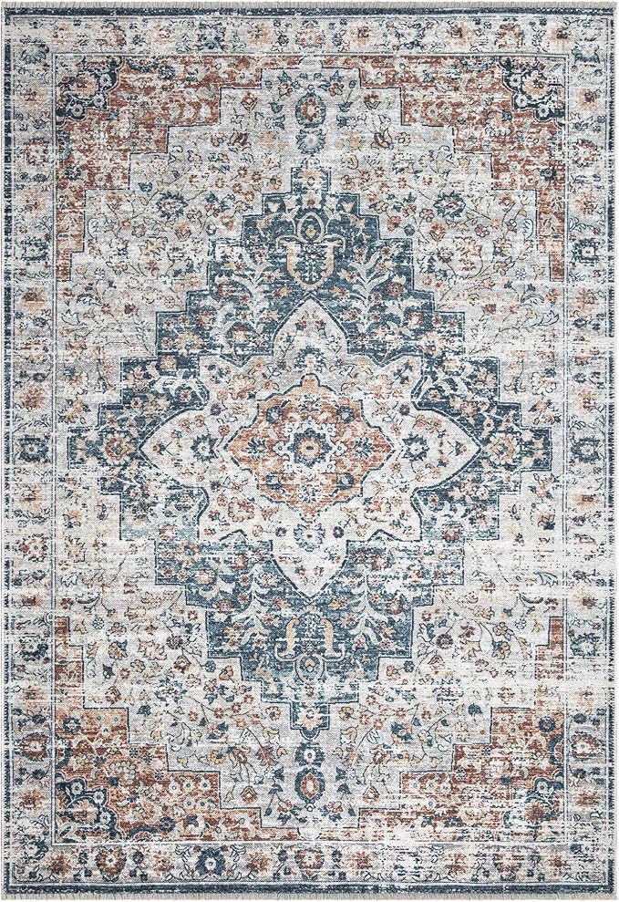 Bloom Rugs Caria Washable Non-Slip 9x12 Rug - Terracotta/Teal Traditional Area Rug for Living Room, Bedroom, Dining Room, and Kitchen - Exact Size: 9' x 12'