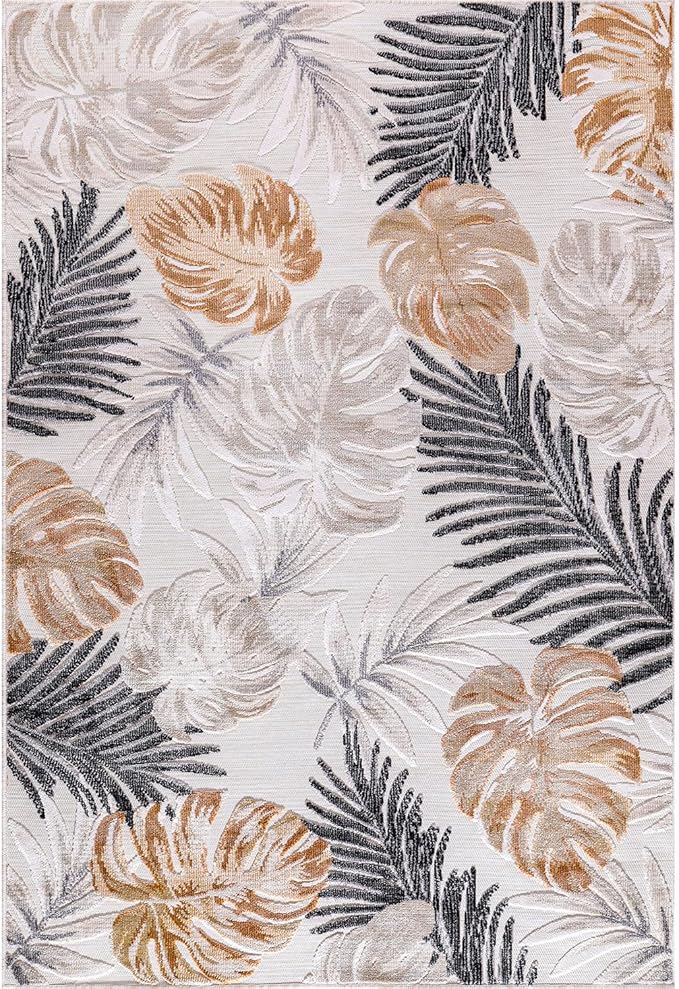 CAMILSON Indoor Outdoor Rug, Yellow 6’x9’ Leaf Tropical Botanical Area Rugs for Indoor and Outdoor patios, Easy-Cleaning Non-Shedding Living Room, Garden and Kitchen Washable Outside Carpet (6x9)