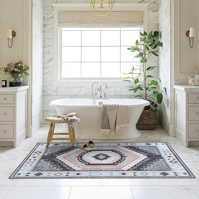 Fame Living Washable Area Rug. Modern Farmhouse. Vintage. Turkish. Bohemian. Distressed. Oriental. Traditional. Rugs for Living Room. Dining. Bedroom. Office. Entryway. Foyer. (856BlckGry, 9' x 12')