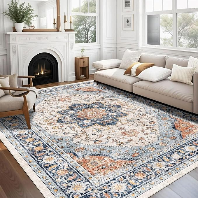 vivorug 5x7 Area Rugs - Boho Ultra-Thin Washable Rug with Non-Slip Backing, Ideal for Living Room, Bedroom, Kitchen Floor Carpet - Vintage Floral, Easy Clean, Durable, Low Pile Orange/Navy