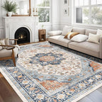 vivorug 8x10 Area Rugs for Living Room, Non-Slip Backing Washable Rug 8x10, Large Area Rug Soft Carpet for Bedroom Dining Room, Vintage, Easy Clean, Durable, Low Pile Rug Orange/Navy
