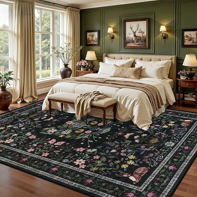 8x10 Area Rugs Living Room Rug: Vintage Washable Rug Floral Soft Carpet Indoor Floor Non-Slip Boho Stain Resistant Large Carpets for Bedroom Kids Nursery Dining Room Farmhouse Home Office Black/C02