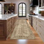 Fmfunctex 3x8 Runner Rug Brown Washable Vintage Neutral Distressed Non Slip Low Pile Indoor Carpet Soft Retro Floral Hallway Entryway Rug for Kitchen Living Room Bedroom Bathroom Laundry Entry Bedside