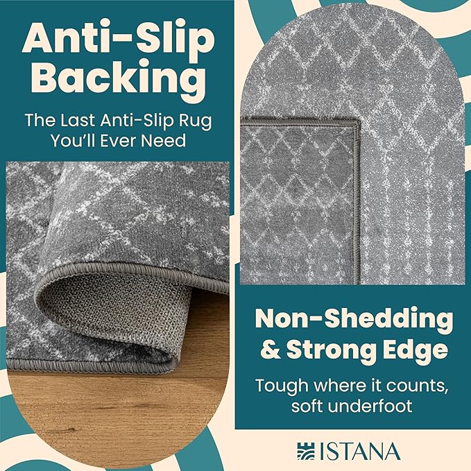 Istana Living Room Rug 10x14 - Dark Grey 10 x 14 Area Rug - Foldable Machine Washable Area Rugs 10x14 - Stylish 10x14 Area Rugs Boho - Stain Resistant Washable Rug 10x14