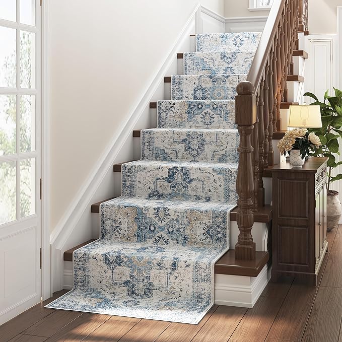 jinchan Kelda Runner Rug 3x10 Vintage Hallway Rug Washable Runner Retro Floor Cover Lightweight Non-Slip Low Pile Thin Distressed Carpet for Entryway Bathroom Laundry Room Bedroom Stairway Blue