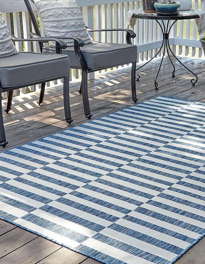 Unique Loom Outdoor Striped Collection Area Rug - Striped (10' x 13' 1" Rectangle Blue/Ivory)