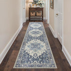 2'6''x10 Runner Rugs for Hallway, Machine Washable Non Slip Vintage Rugs, Low Pile Lightweight Soft Print Rug for enrtyway, Corridor, Home Office, Kitchen, Center Blue