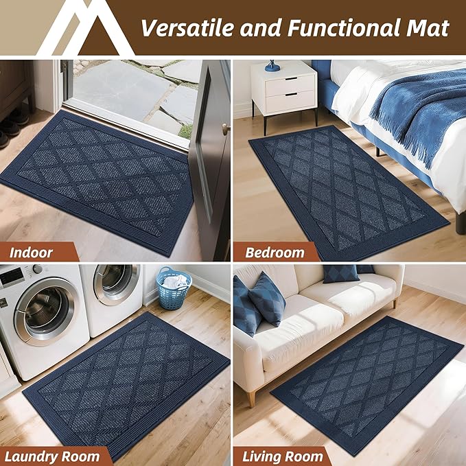 COSY HOMEER Non-Slip Door Mat 32"x48", Entryway Rugs Low Profile Absorbent Dirt Trapper Doormat for Front Entrance, Washable Polypropylene Entry Mat (Blue)