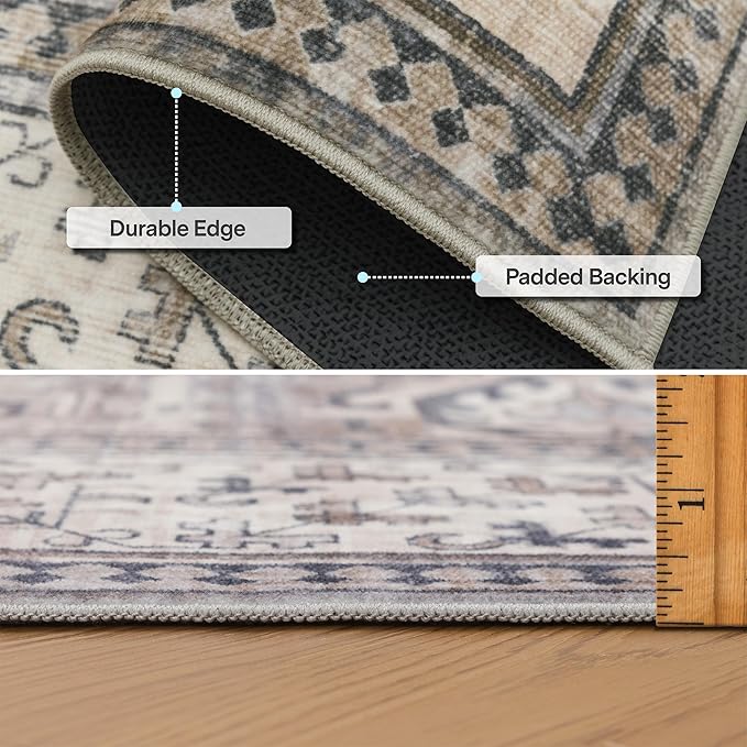 ReaLife Rugs Machine Washable Area Rug - Living Room Bedroom Bathroom Kitchen Entryway Office - Padded Low Pile Stain Resistant Premium - Boho Farmhouse Vintage - Paz - Beige Gray Ivory 2'6" x 10'