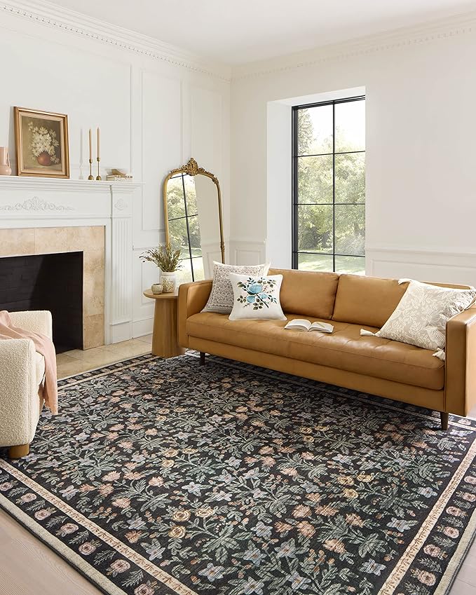 Loloi Rifle Paper Co. Eden Collection EDE-02 Mughal Garden Black 2'-6" x 9'-6" Runner Rug feat. CloudPile™