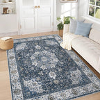 Area Rug 5x7 Washable Rug, Vintage Boho Medallion Rugs Non-Slip Soft Low Pile Large Distressed Rug Indoor Retro Carpet for Living Room Bedroom Dining Room Home Office (Vintage Blue, 5'x7')