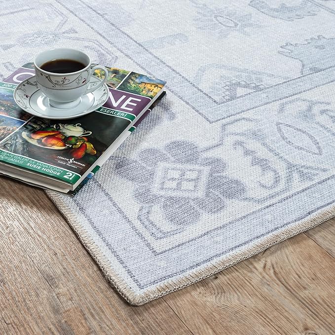 Beige Oushak Rug, Modern, Vintage, Turkish, Eclectic, Floral, Pastel, Washable, Area Rugs for Living Room, Dining, Bedroom, Nursery, Girls, Boys, 5'9"x8'9"