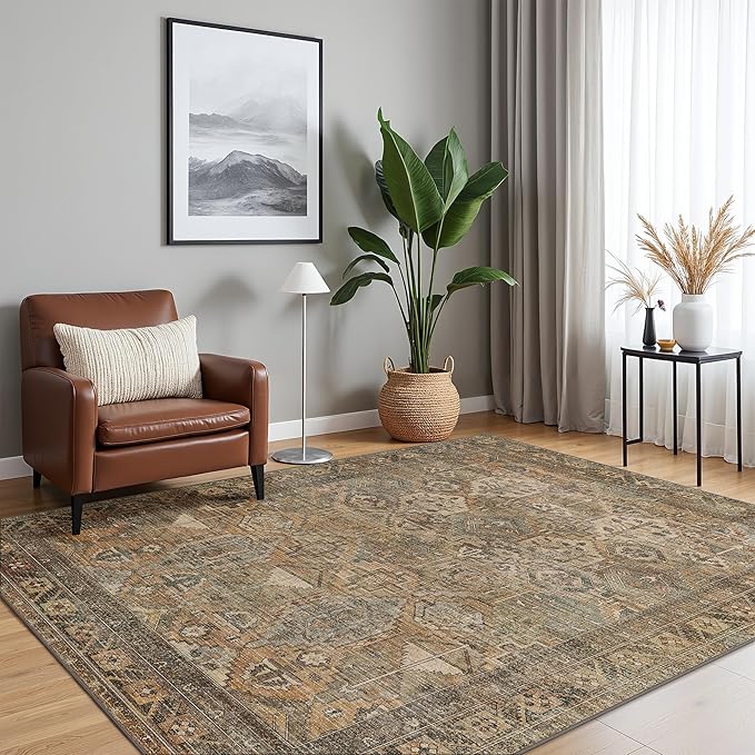 Bavni Washable Rug 5x7 Area Rug for Living Room Bedroom Dining, Washable Vintage Print Carpet, Ultra-Thin Chenille Low Pile Lightweight Rug with Non Slip Backing, Warm Taupe
