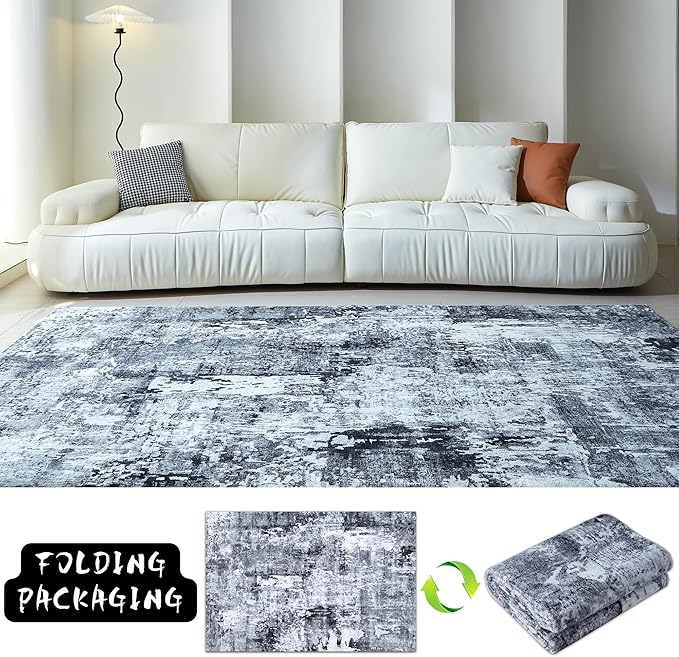 Rugcomf 3x5 Washable Boho Soft Area Rug - Abstract Pattern, Non-Slip, Non-Shedding Faux Wool Vintage Rug for Bedside, Bedroom, Kitchen, Indoor, Grey and Black