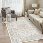 3x5 Washable Vintage Area Rug for Living Room Bedroom Beige Grey Soft Tranditional Non Slip Thin Throw Rug Lightweight Floral Low Pile Distressed Carpet Entrance Laundry Room Playroom