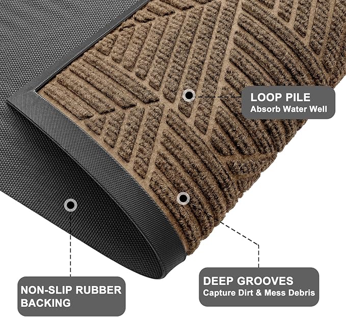 Kitinjoy Front Door Mat Outside Entrance, Sturdy Natural Dirt Trapper, Heavy Duty Rubber Doormat, Low Profile Non-Slip Backing, Easy Clean Floor Mat for Indoor Outdoor Entry, 29.5X17 Inch, Brown