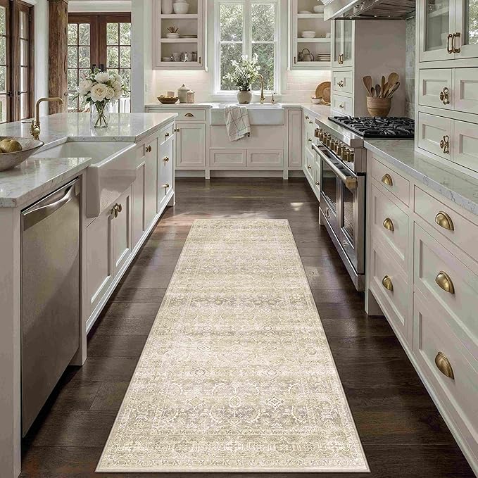 HUGEAR 2x6 Washable Area Rug Beige Runner Rug Vintage Neutral Non Slip Soft Distressed Carpet Low Pile Pet Friendly for Bathroom Kitchen Hallway Porch Foyer
