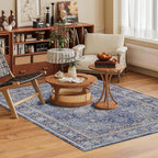 Washable Area Rug 4' x 6' Vintage Traditional Persian Mat - Foldable Distressed Non-Slip Machine Washable Carpet for Living Room Bedroom Kitchen Home Decor - Indigo and Gold