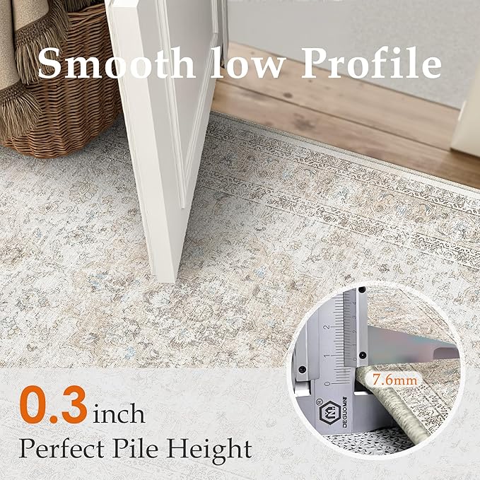 2x5 Washable Vintage Runner Rug for Living Room Bedroom Beige Grey Soft Tranditional Non Slip Runner Rug Lightweight Floral Low Pile Distressed Carpet Hallway Kitchen Bedroom