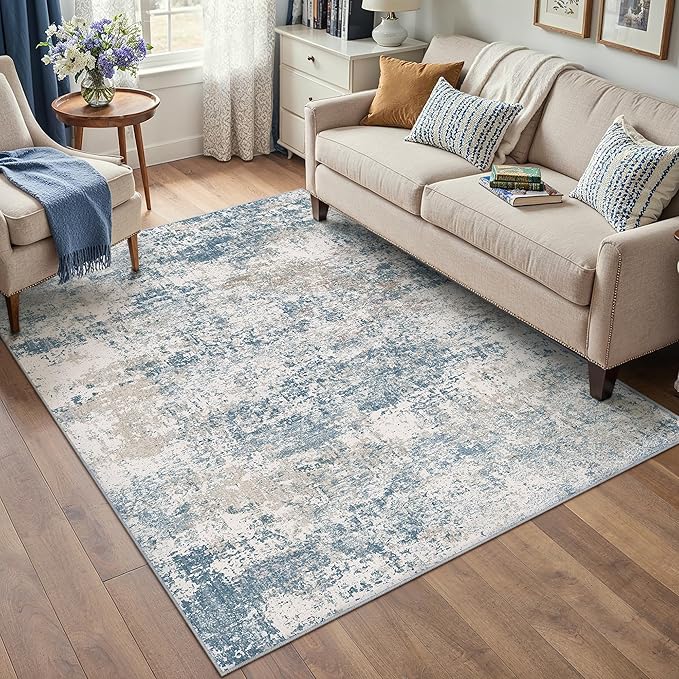 Blue 4x6 Area Rug Washable Abstract Office Carpet Modern Neutral Non Slip Indoor Entry Soft Low Pile Contemporary Aesthetic Door Mat Bedroom Throw Rug for Kitchen Laundry Dining Room