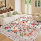 DUKINO 8x10 Area Rug, Floral Rugs for Living Room, Lightweight Non Slip Washable Rug, Indoor Low Pile & Non-Shedding Boho Design Rugs for Bedroom, Living Room, Dining Room, Beige