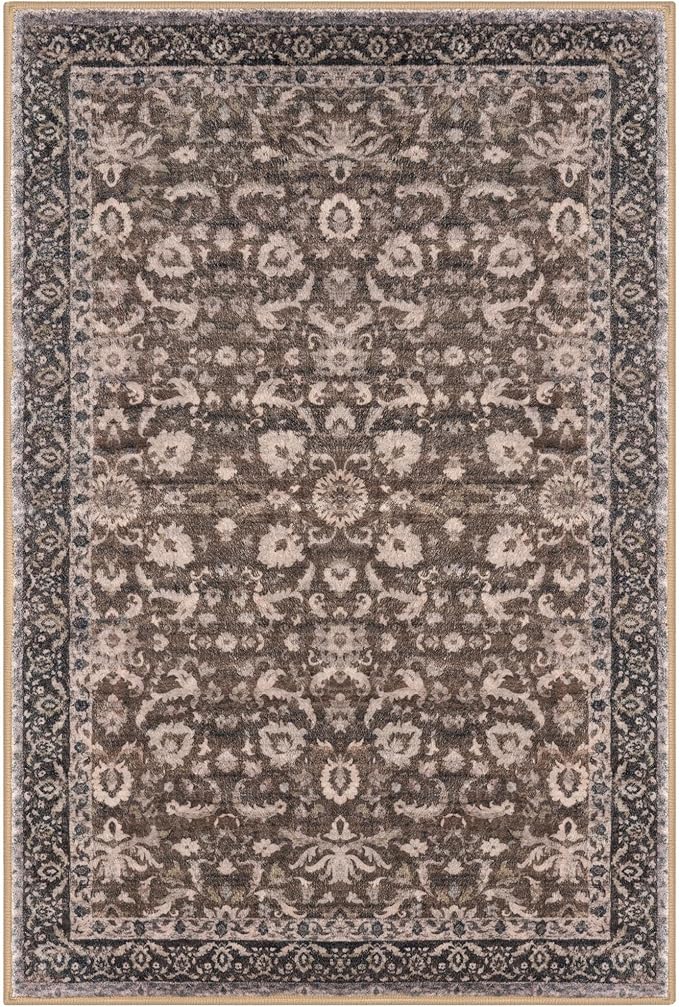 Vintage Entryway Rug 2x3 Washable, Mocha Brown Kitchen Rug, Super Soft Thin Faux Wool Small Area Rug, Non-Slip Accent Mat for Foyer, Bedroom, Office
