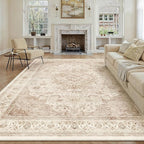 8x10 Beige Washable Vintage Area Rug for Living Room Bedroom Soft Tranditional Non Slip Large Throw Rug Lightweight Floral Low Pile Distressed Carpet Office Playroom Home Decor