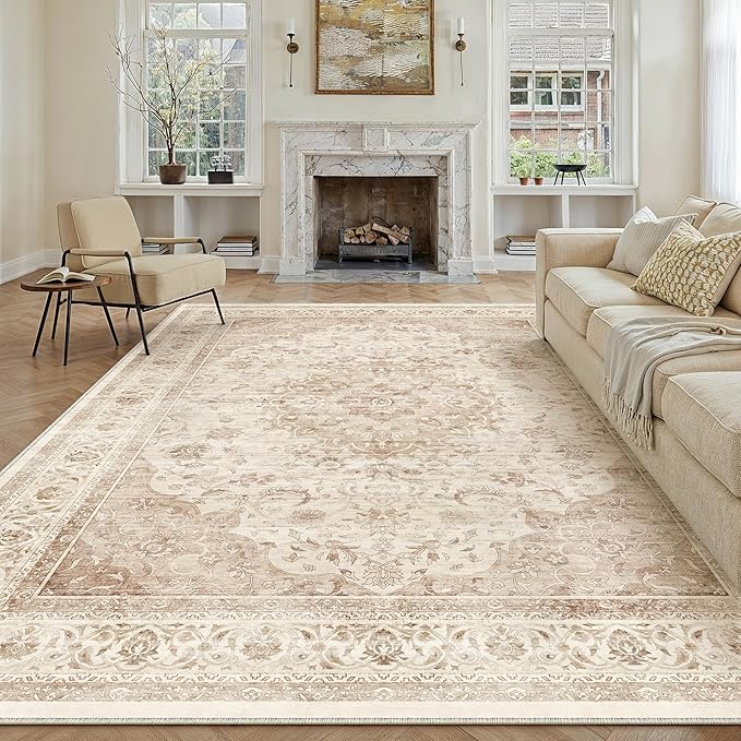 10x12 Beige Washable Vintage Area Rug for Living Room Bedroom Soft Tranditional Non Slip Large Throw Rug Lightweight Floral Low Pile Distressed Carpet Bedroom Playroom Classroom Office