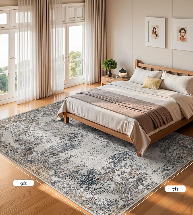 7x9 Washable Area Rugs - Modern Abstract Rugs for Living Room Non-Slip Low Pile Soft Machine Washable Carpet for Bedroom, Dining Room, Nursery, Home Office, Farmhouse (7'x9' Tan Blue)