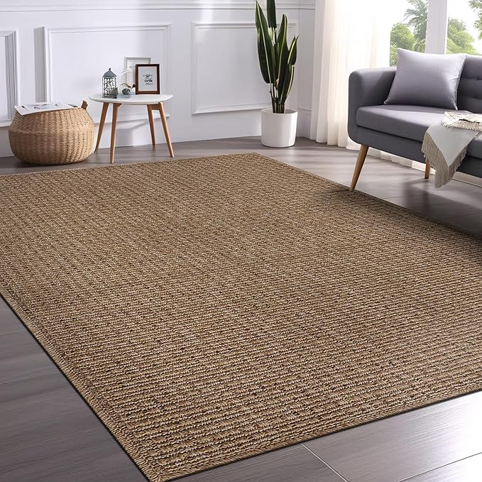 Beverly Rug Easy Jute Natural Rug 6x9 Solid Washable Durable Outdoor Indoor Area Rugs for Living Dining Room Patio Office Stain Resistant Non Shedding Casual Indoor Outside Carpet (6 x 9 Natural)