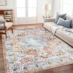 Area Rug 6x9 Washable Rug Tangerine Vintage Traditional Floor Cover Thin Retro Kitchen Indoor Distressed Non Slip Carpet Floral Print Mat Living Room Bedroom Dining Room