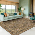 Gold Brown Floral Living Room Rug 5x7 - Vintage Forest Washable Area Rugs for Dining Room, Bedroom, Oriental Distressed Low Pile Non Slip Stain Resistance Indoor Earthy Carpet