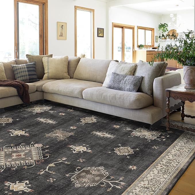 RUGGABLE Washable Vintage Area Rug – Verena Dark Wood 8x10, Stain-Resistant, Non-Slip – Large Machine Washable Rugs for Living Room, Bedroom, Hallway, Entryway & Office–with Cushioned Pad