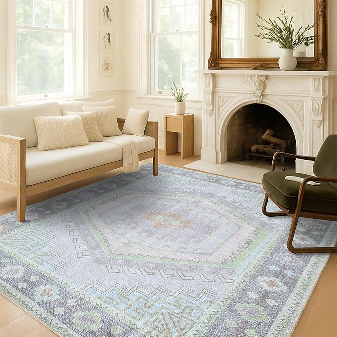 Fame Living Washable Area Rug. Modern Farmhouse. Vintage. Turkish. Bohemian. Distressed. Oriental. Traditional. Rugs for Living Room. Dining. Bedroom. Office. Entryway. Foyer. (856GrnCrm, 2' x 3')