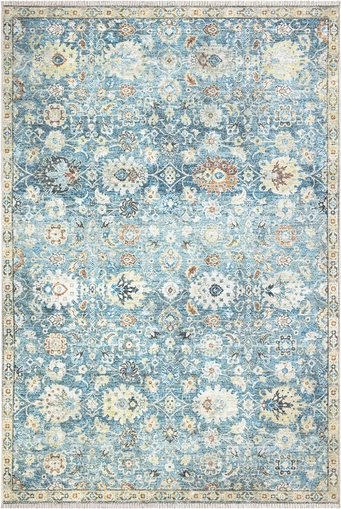 Bloom Rugs Caria Washable Non-Slip 8x10 Rug - Blue/Beige Traditional Area Rug for Living Room, Bedroom, Dining Room, and Kitchen - Exact Size: 7'8" x 10'